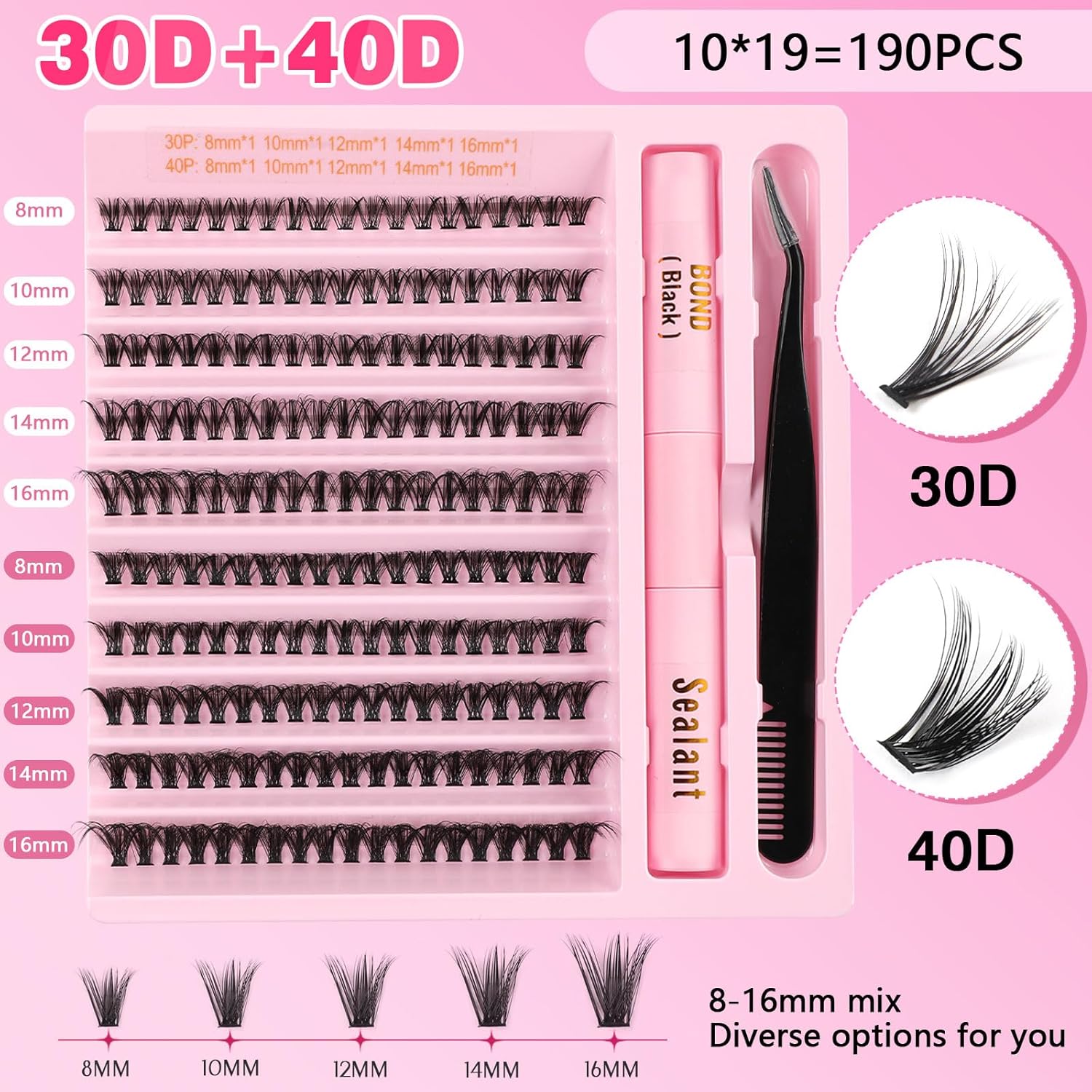 Kit Extension Cils Individuel 190PCS Kit Faux Cils Naturel Avec Lash Bond et Seal Applicateur 30D 40D Cils Extension de Cils Professionnel 8-16mm Mix kit extension de cils complet debutant