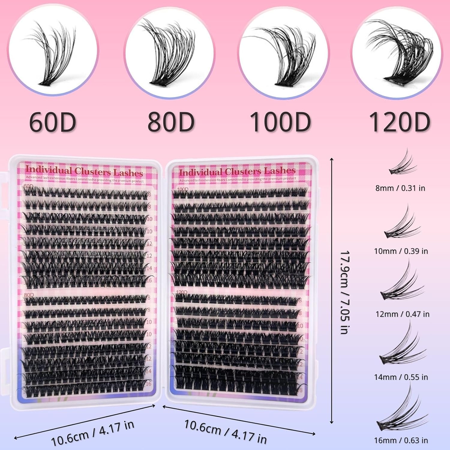 640pcs Kit Extension Cils Individuels, 60D+80D+100D+120D Faux Cils, Faux Cils Bouquet Volume Russian D Curl DIY Extensions de Cils 8-16mm Individual Lashes (60-80-100-120D)